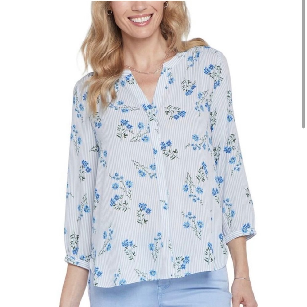 NYDJ Pintuck 3/4 Sleeve Blouse Blue Striped Floral Hidden Button - Size L